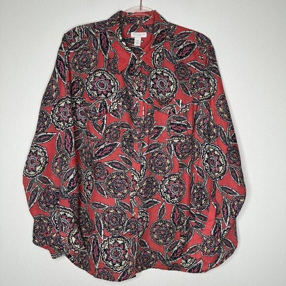 LInen Charter Club Shirt Button up Floral Long sleeve roll tab 18W Coral - Picture 1 of 10